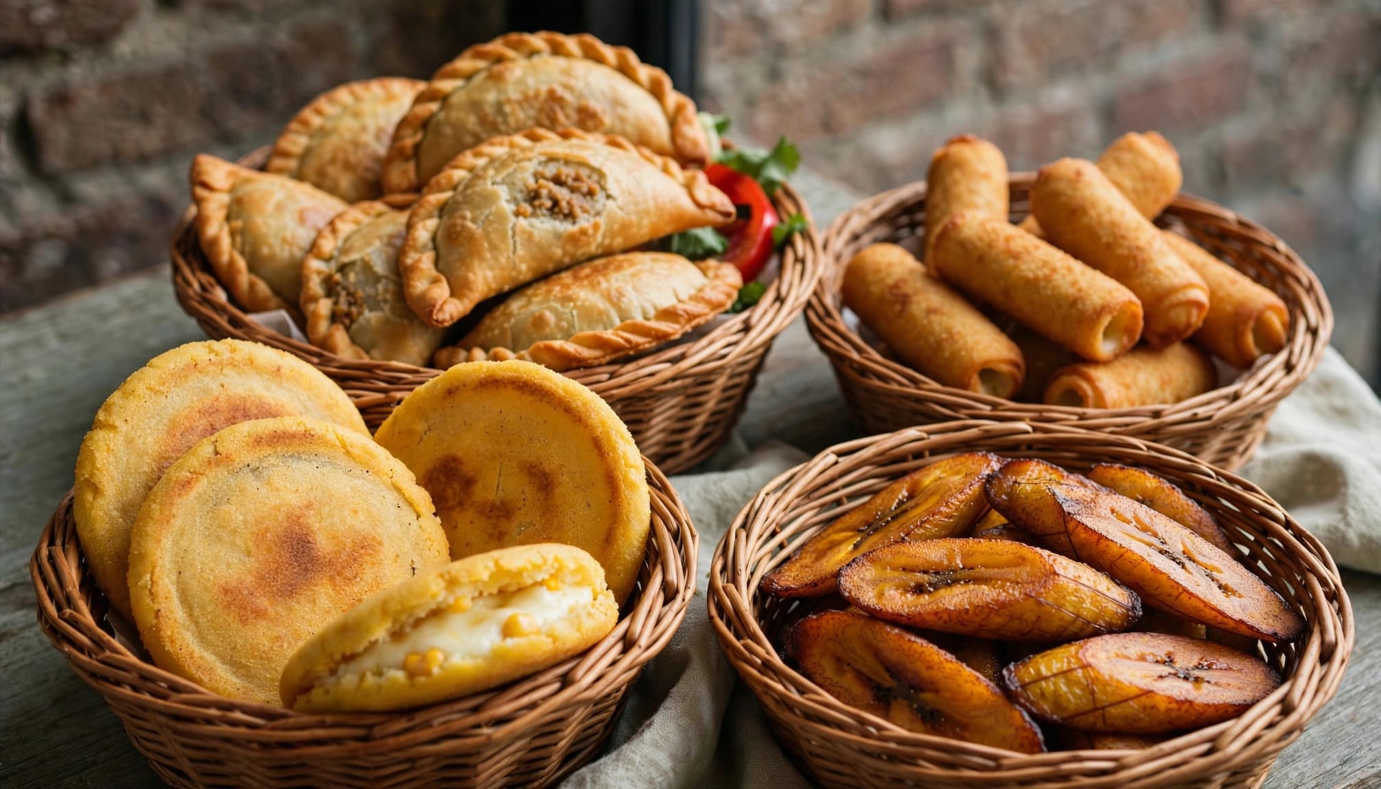 Wicker baskets hold arepas, empanadas, tequeños, and fried plantains in a brick-walled cafe.