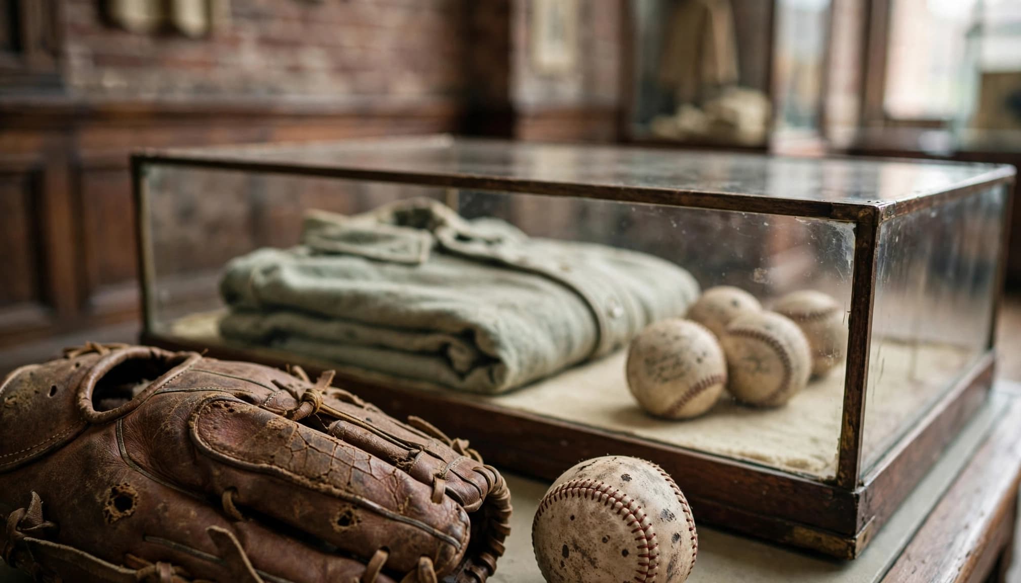 A worn glove and baseball sit before a uniform and signed balls in a museum case.