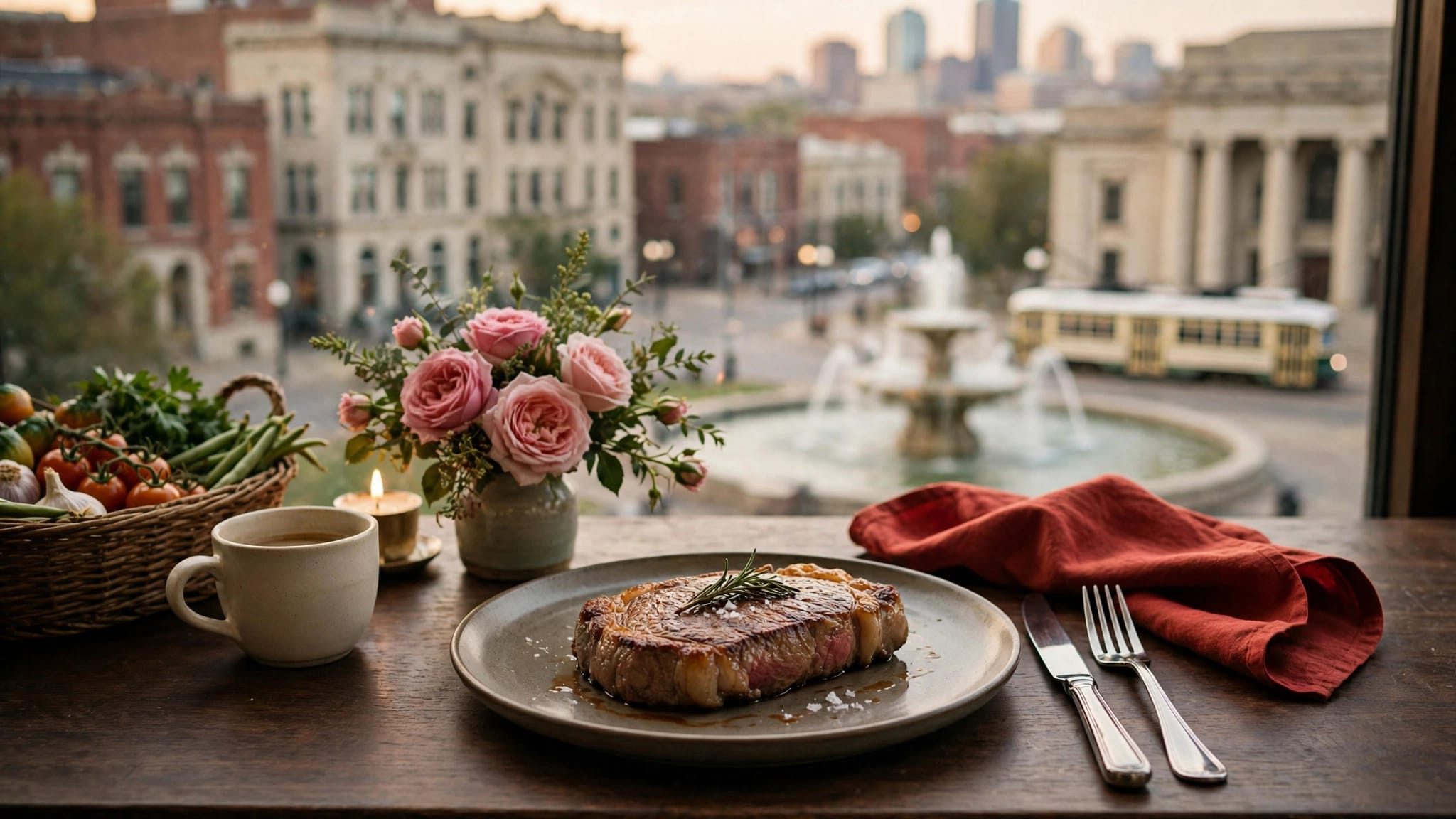 A seared steak, roses, and candlelight on a dark wood table by a window.