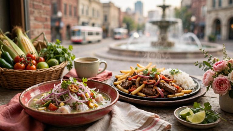 Ceviche and lomo saltado served together on a rustic restaurant table.