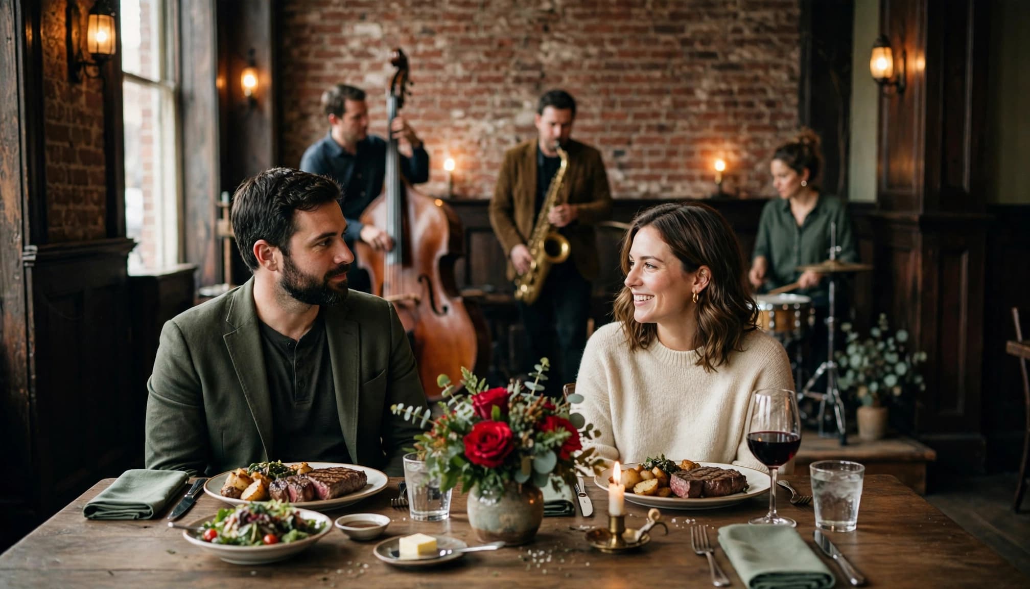 Two diners share a candlelit steak dinner as a jazz trio plays behind them.