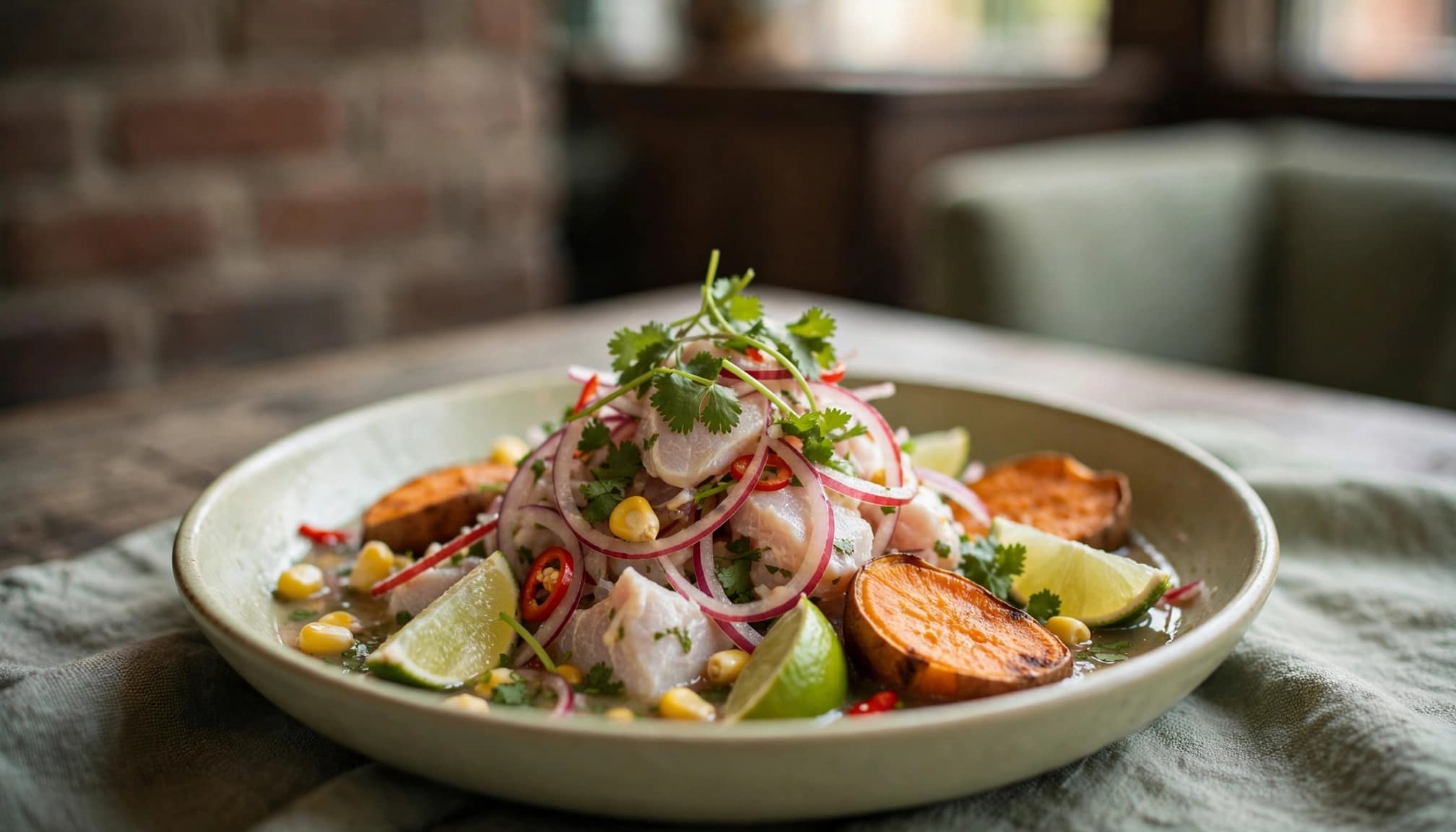 A bowl of ceviche with red onion, cilantro, lime, sweet potato, and corn.