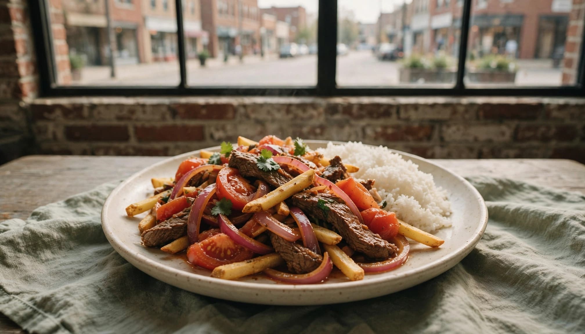 Lomo saltado with beef, tomato, onion, fries, and white rice on one plate.