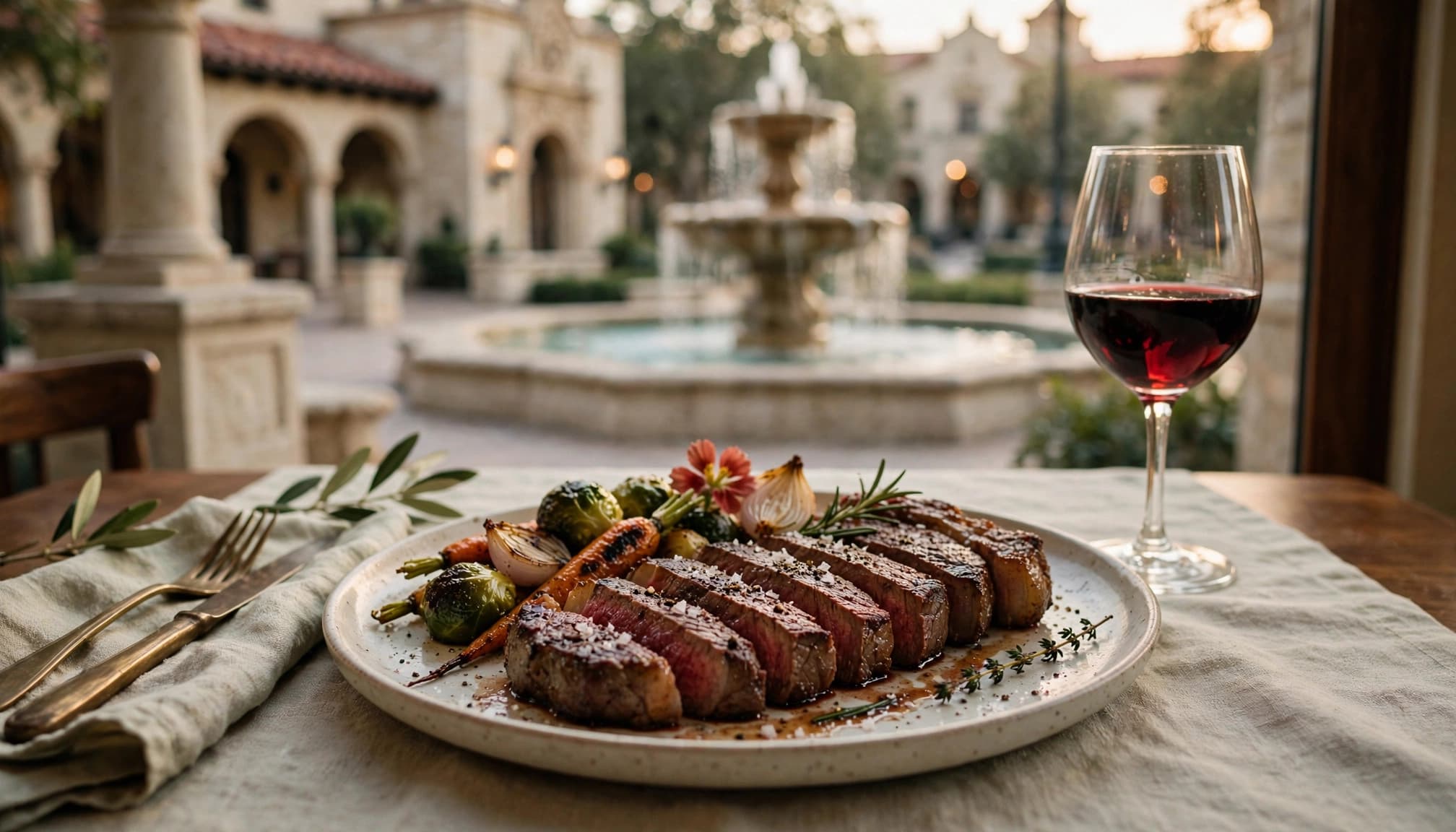 A strip steak dinner with roasted vegetables and red wine beside a window overlooking a fountain.